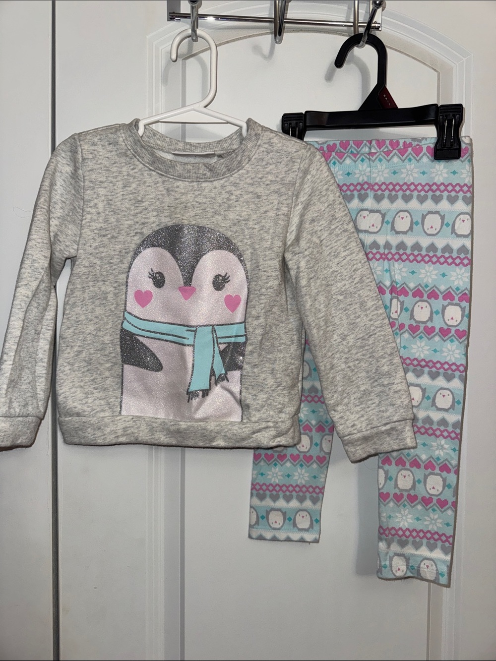 The Children's Place Girls Grey Penguin Pajama Set with Mint and Pink Accents